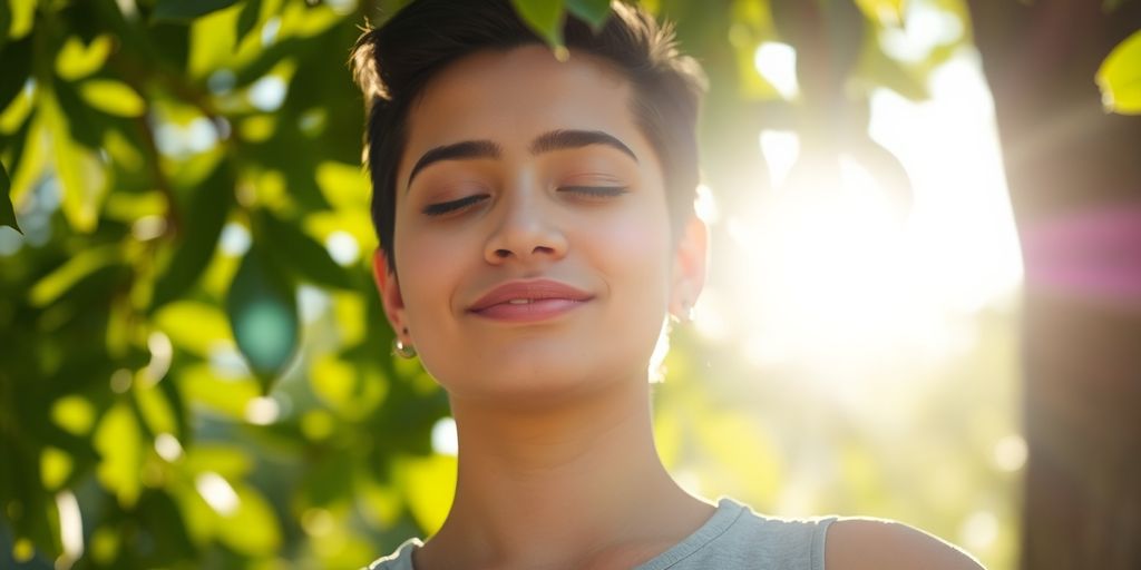 Person meditating peacefully outdoors, stress-free.