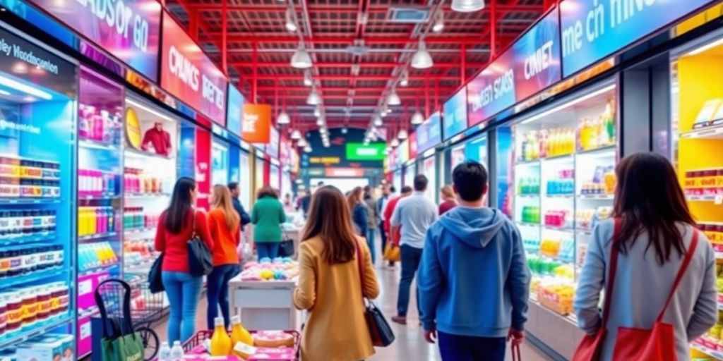Dynamic digital marketplace with diverse products and shoppers.