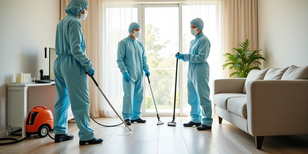 Team cleaning mold in a bright, healthy home environment.