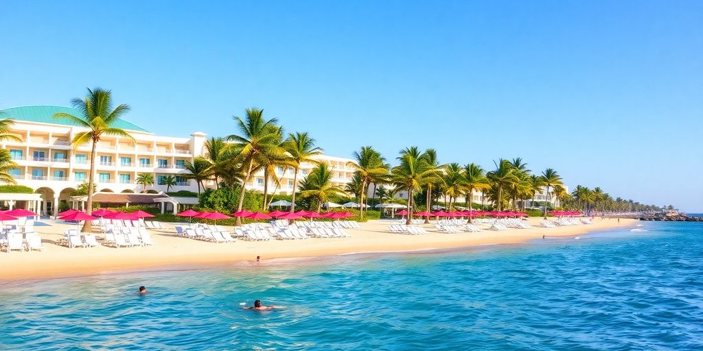 Beautiful beach with resorts and palm trees in Cabo.