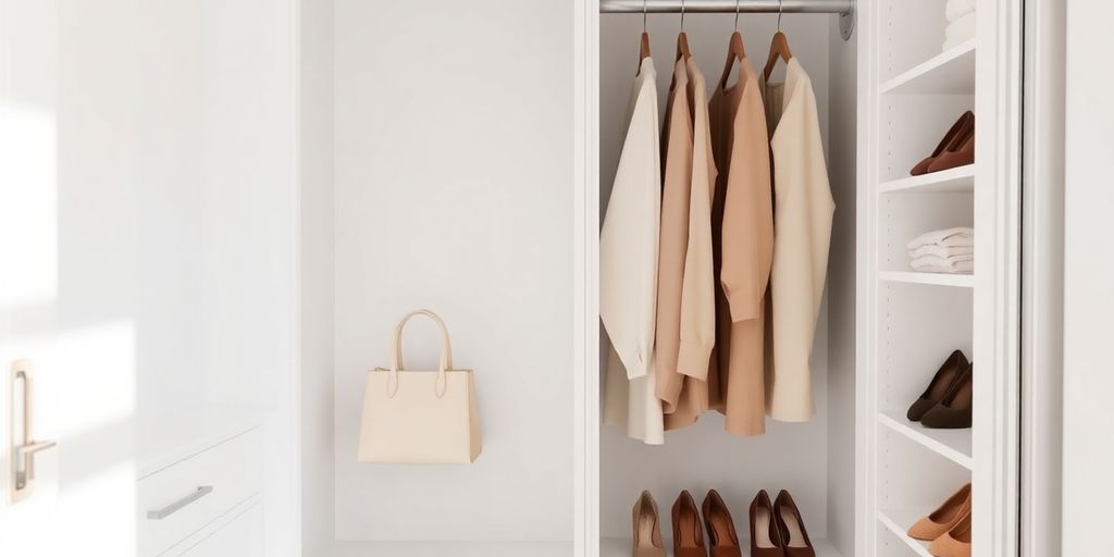 Minimalist closet with neatly organized clothing.