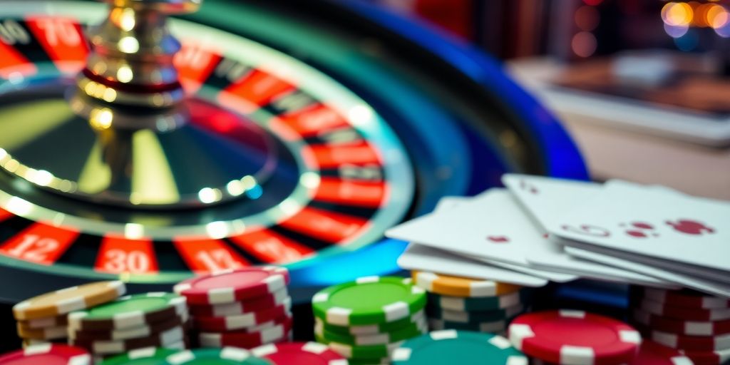 Spinning roulette wheel, chips, and cards.