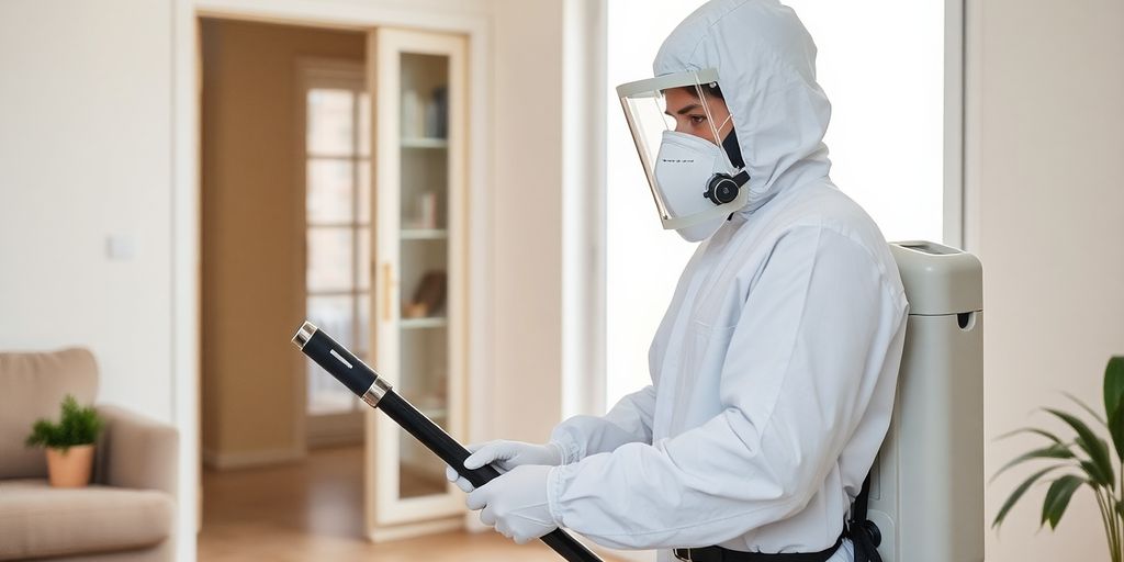 Tehnician în deratizare la locuință, echipament modern.