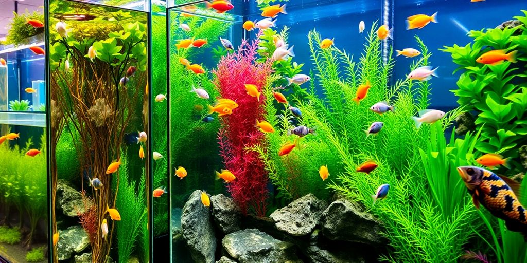 Colorful aquarium tanks filled with fish and plants.