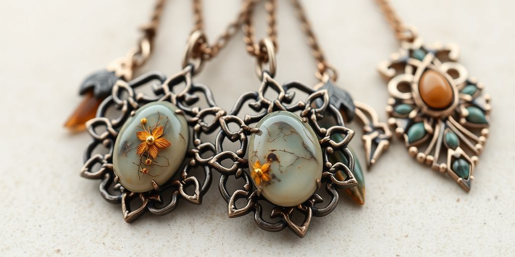 Close-up of elegant sustainable jewelry with natural stones.