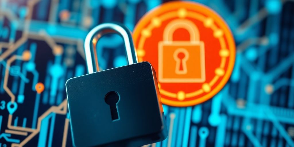 A secure lock over a digital technology background.