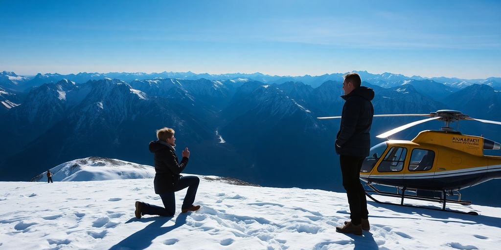 A couple gets engaged on a snowy Alaskan mountain peak.
