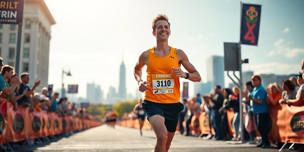 Marathon runner crossing finish line with cheering crowd.