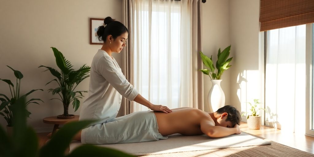 Reiki session in a tranquil Thai setting.