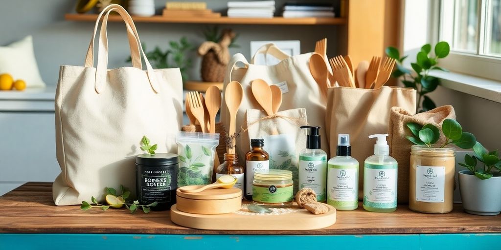 Collection of eco-friendly gifts on a wooden table.