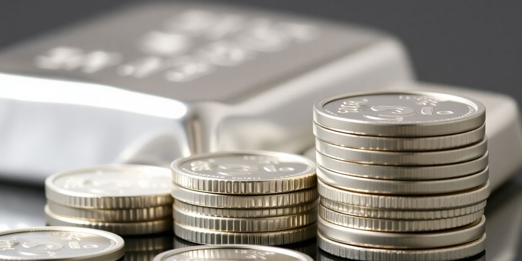 Des pièces d'argent brillantes empilées sur une surface.