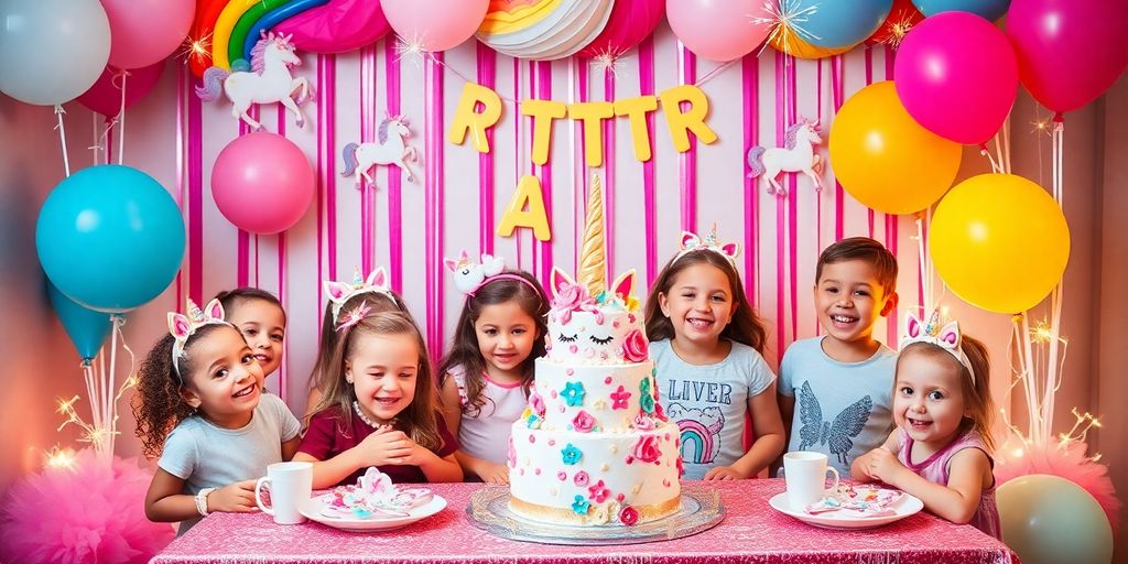 Colourful unicorn party scene with decorations and joyful kids.