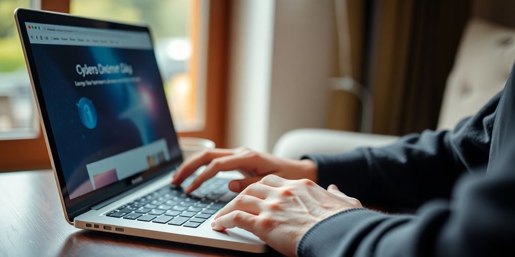 Pessoa usando laptop em ambiente seguro e iluminado.