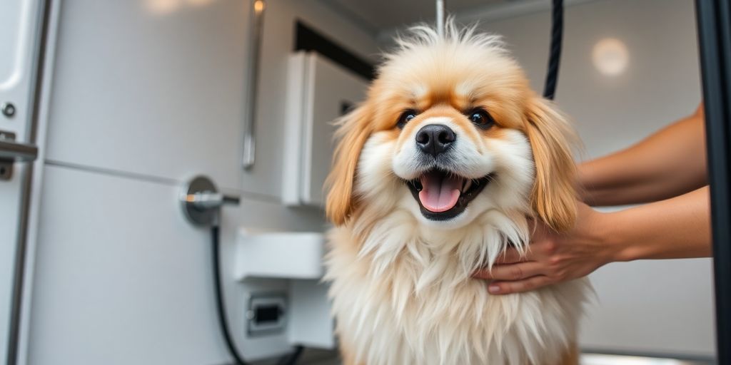 Dog enjoying a luxury bath or full groom at a mobile pet grooming service.