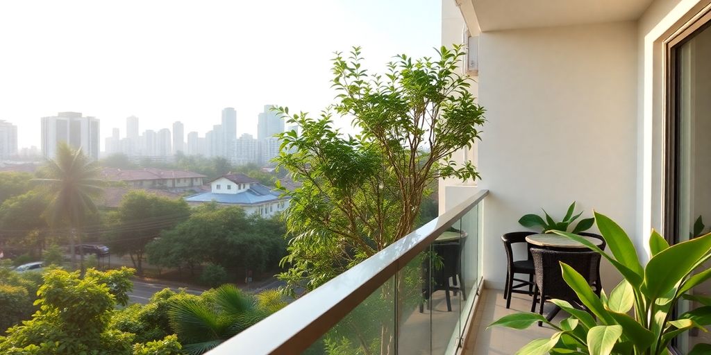 Modern apartment balcony with city view in Thailand.