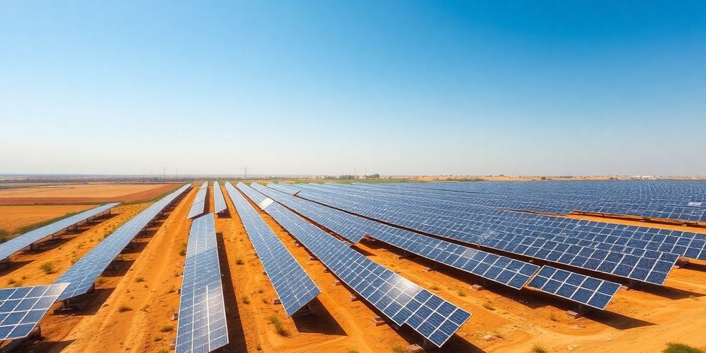 Panneaux solaires dans un paysage rural égyptien.