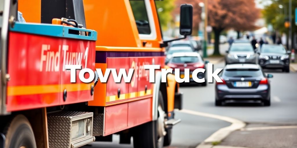 Close-up of a bright tow truck on the street.