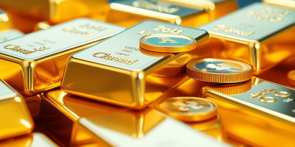 Lingots d'or empilés, pièces d'or brillantes