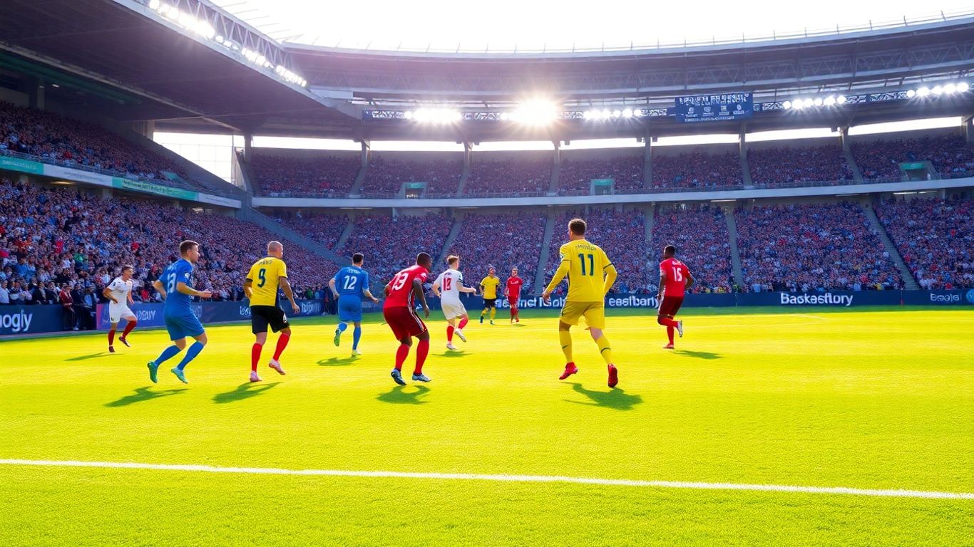 Football players competing on a green pitch during a match.
