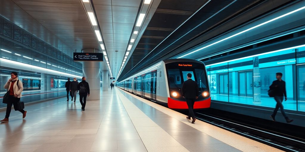 Modern metrorail station interior with sleek train, bright platform.