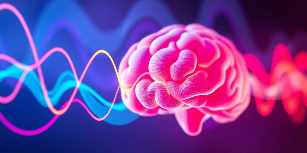 Colorful soundwaves intertwined with a human brain image.