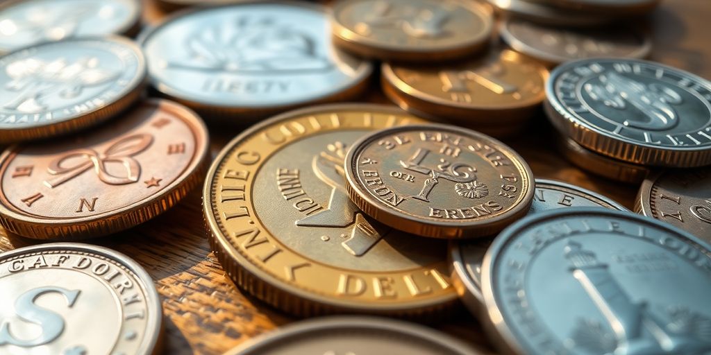 Close-up of collectible coins on a wooden table.