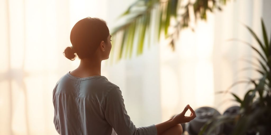 Person meditating in a calming, natural environment.