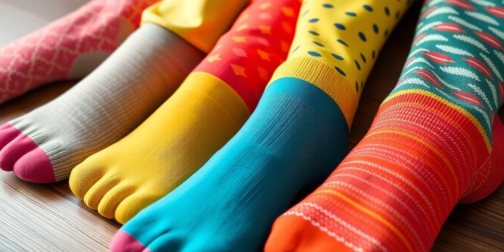 Colorful compression socks displayed on a wooden surface.