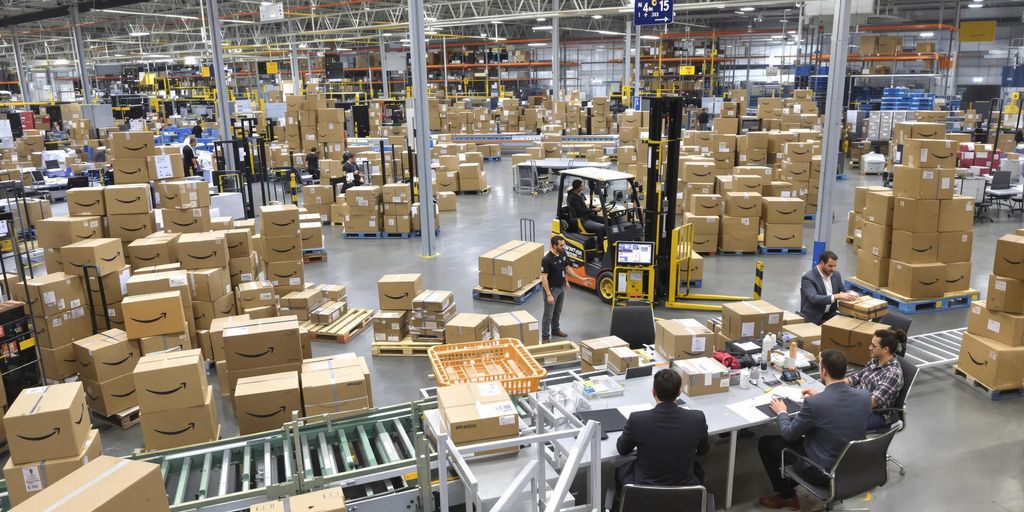Amazon warehouse with packages, conveyor belts, and businesspeople nearby.