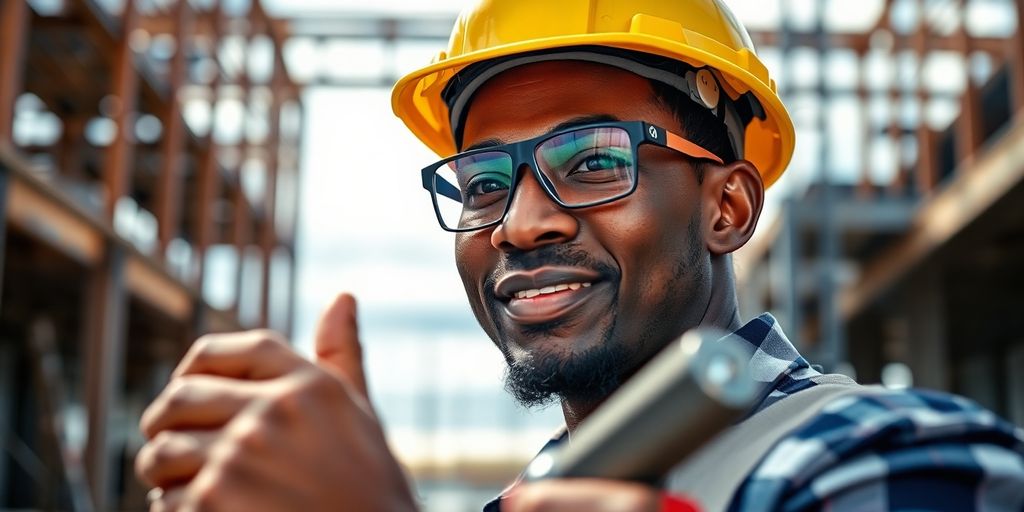 Construction worker, hard hat, work boots, job site.