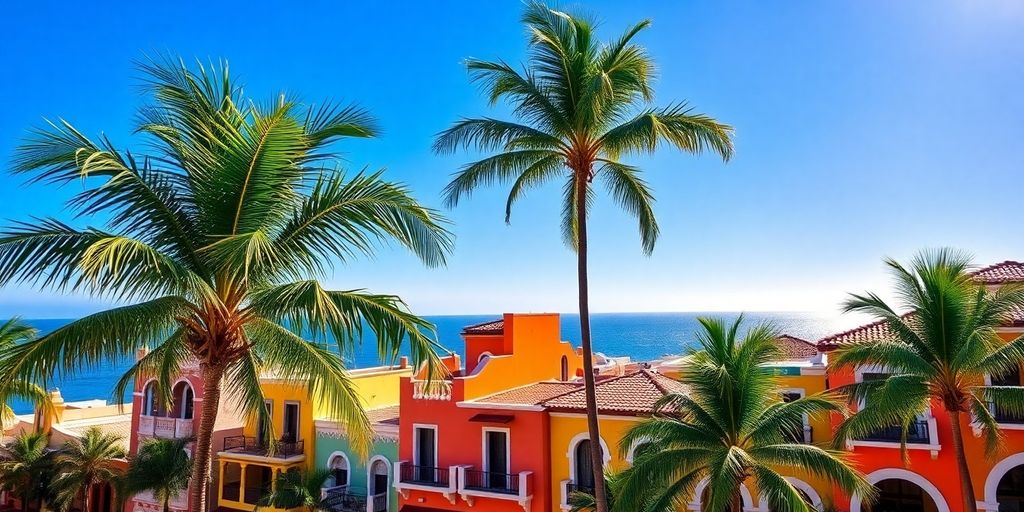 Colorful buildings, ocean, and palm trees in San Jose Del Cabo.