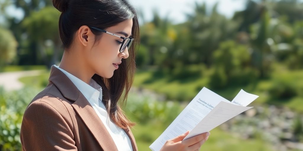 Person reviewing environmental regulations outdoors.