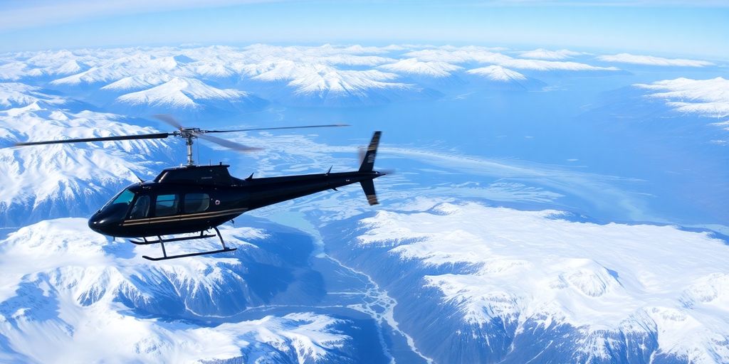 A helicopter soars over vast, snowy Alaskan mountains and glaciers.