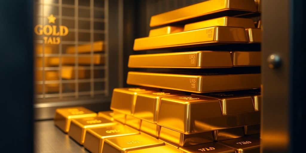 Lingots d'or empilés dans un coffre-fort sécurisé.