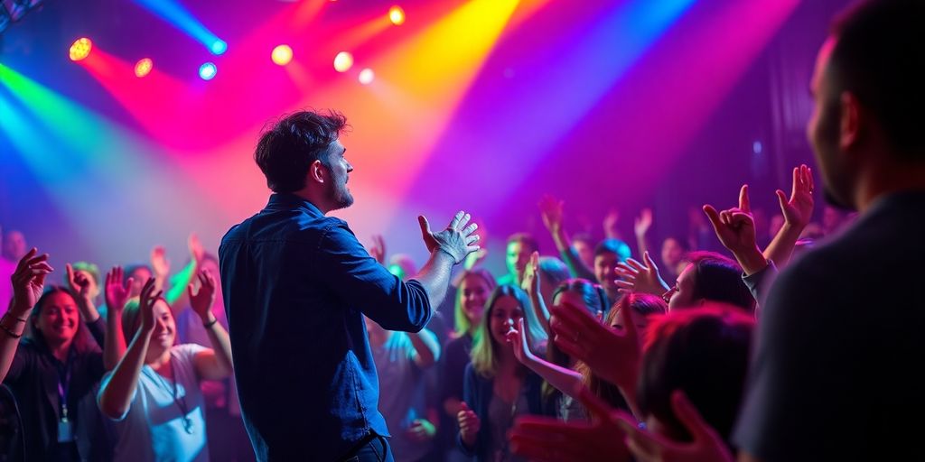 Crowd cheering passionately at a live performance.