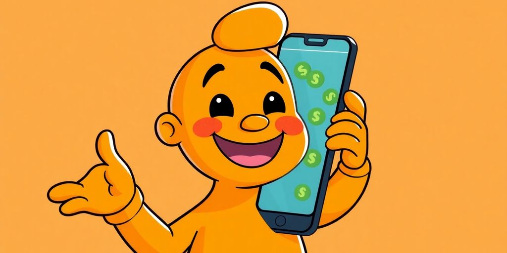 Cartoon hand holding a phone with money flying out.