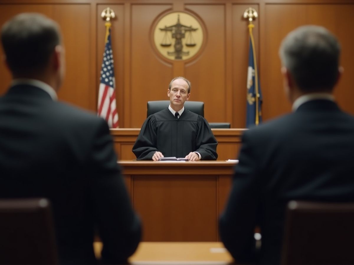 O sală de judecată cu judecător și avocați.