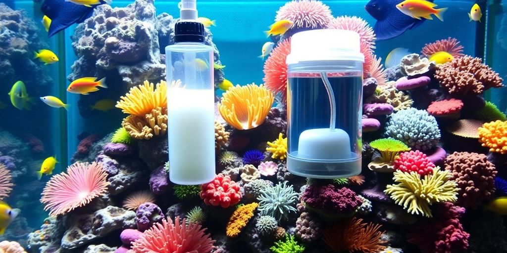 色彩斑斓的盐水水族箱，配有鱼和蛋白质分离器。