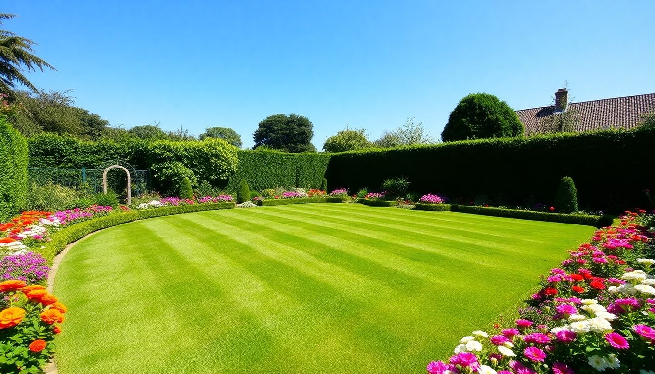 Healthy green lawn with flowers in a London garden.