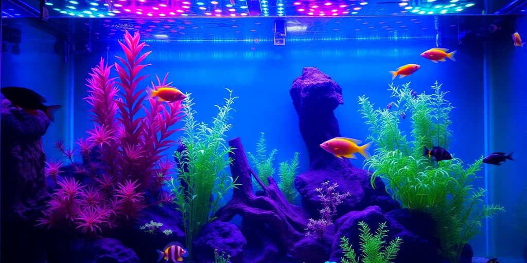 Luces de acuario coloridas iluminando peces y plantas.