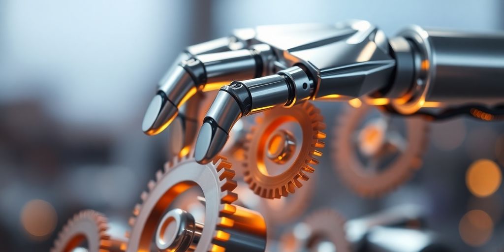 Robot hand adjusting gears, flowing with light.