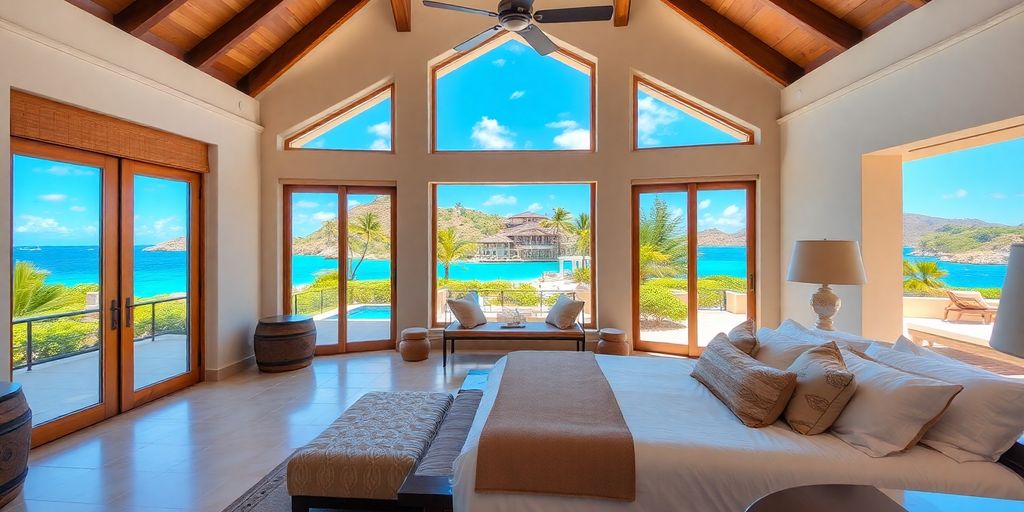 Spacious villa bedroom with ocean view and plush furnishings.