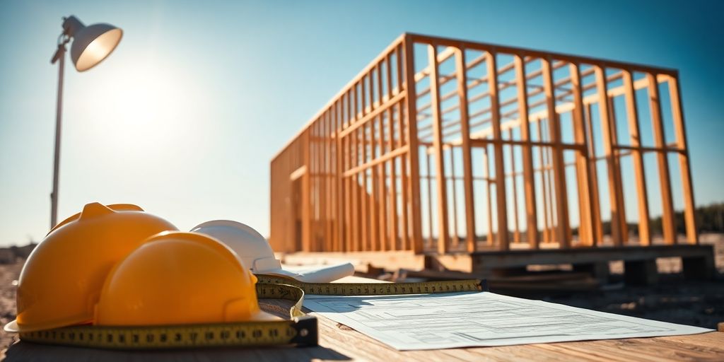 Construction site with blueprints and tools.