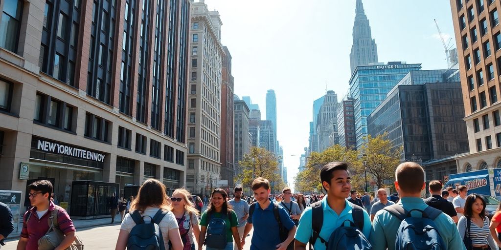 Students bustling on the vibrant New York Institute of Technology Manhattan campus.