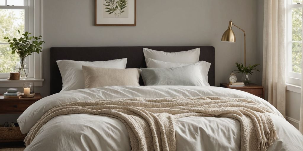 Cozy bedroom with cotton sheets and natural light.
