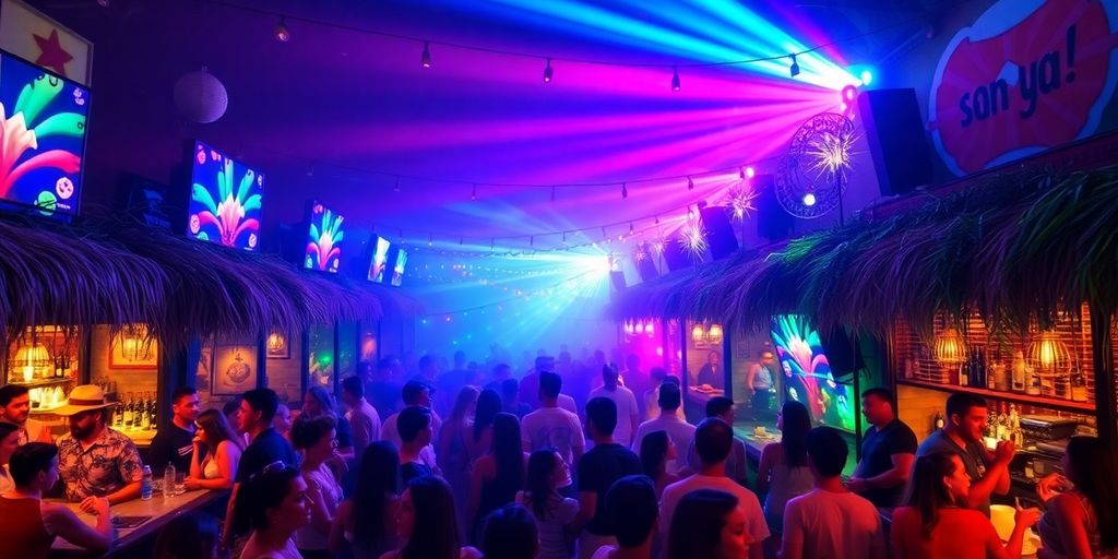 Vida nocturna animada en Cabo San Lucas con luces coloridas.