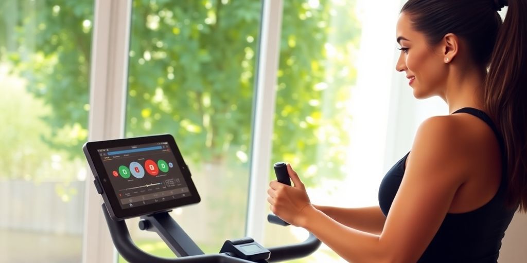 Woman riding stationary bike, app screen on handlebars.