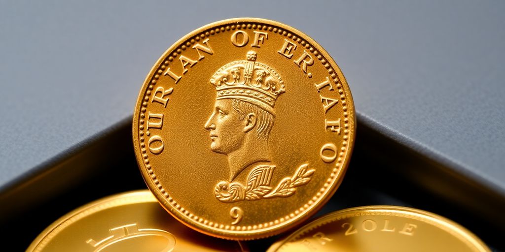 Pièce de Napoléon en or brillante sur fond sombre.