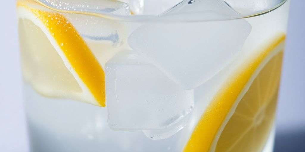 Clear glass of water with ice cubes and lemon slices.