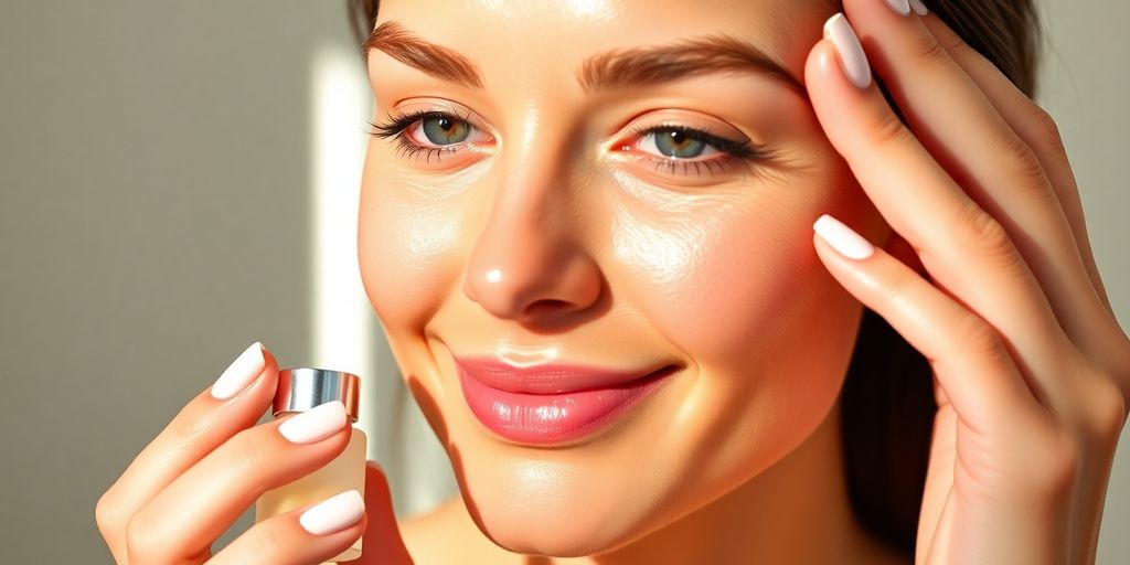 Woman with glowing skin applying serum